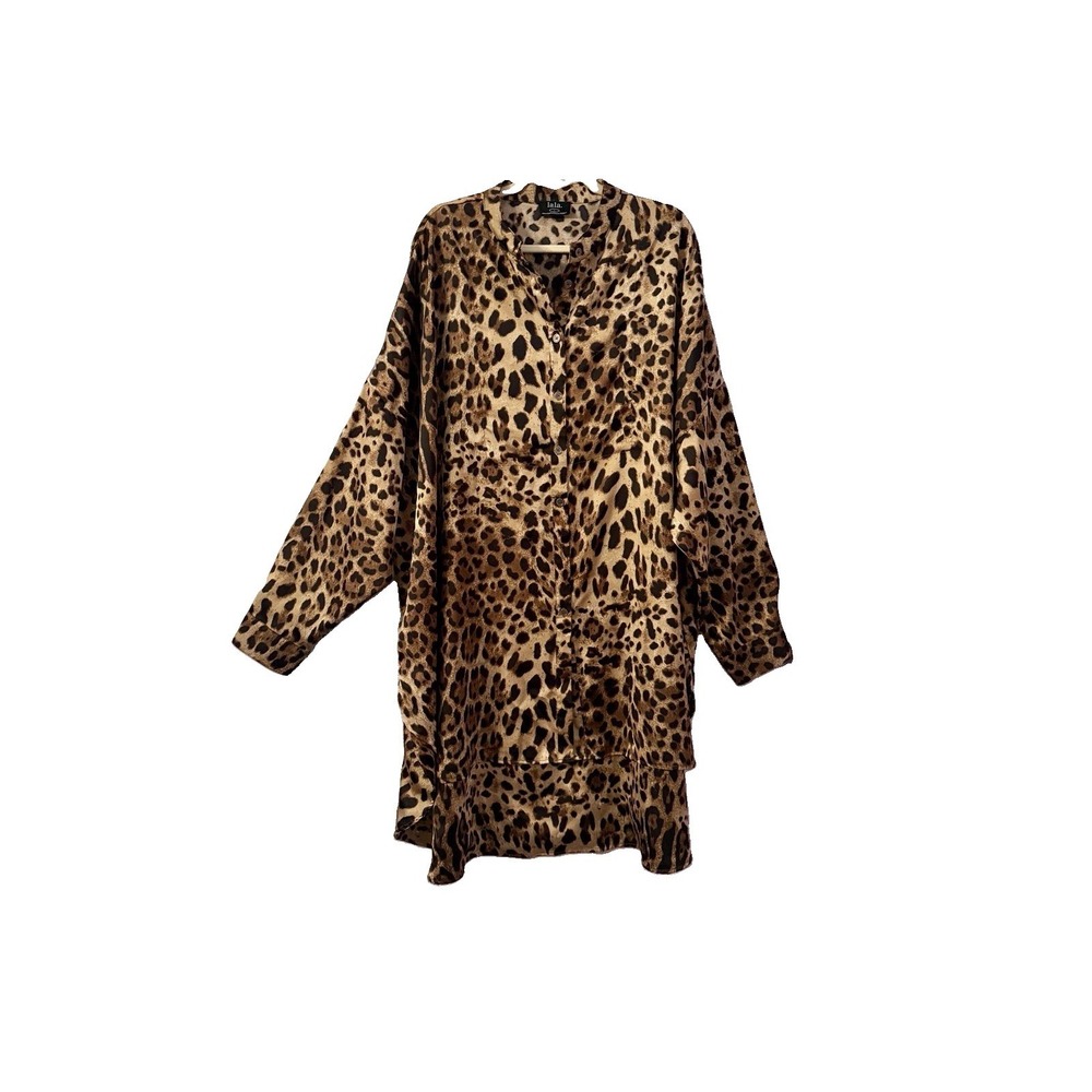 Lala Leopard Satin Duster Dress Size L Button Up Shirt Exotic Luxury Whimsigoth